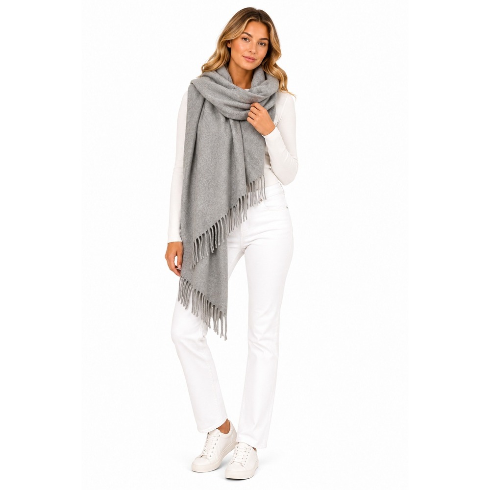 Roots Oversized Scarf Shawl Wrap Gray Wool Blend Fringe Cozy Winter OS Canada